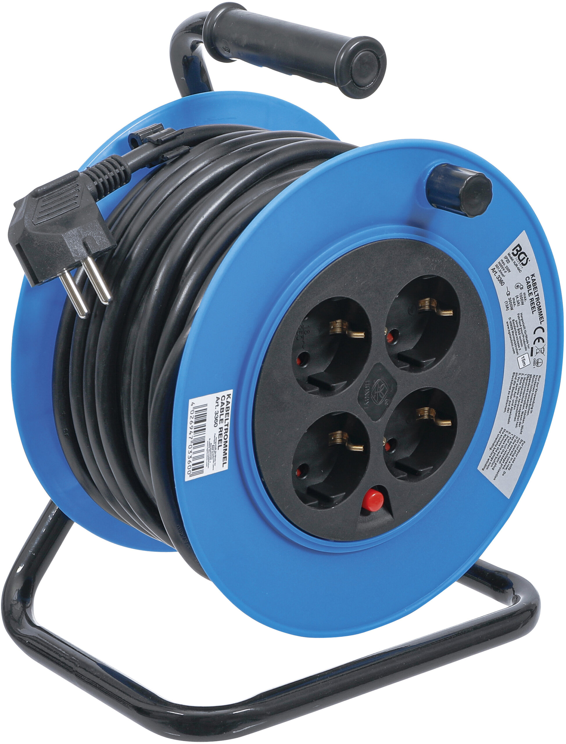 Kabeltrumma | 15 m | 3 x 1,5 mm² | 4 uttag | IP 20 | 3000 W