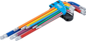 Vinkelnyckel-sats | Multicolour | extra lång | T-Profil (för Torx) med borrning och kulhuvud T10 - T50 | 9 delar