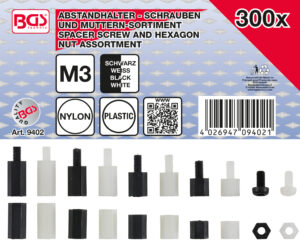 Distanshylsor-Skruv och Sexkant-Mutter-Sortiment | Nylon | 300 delar